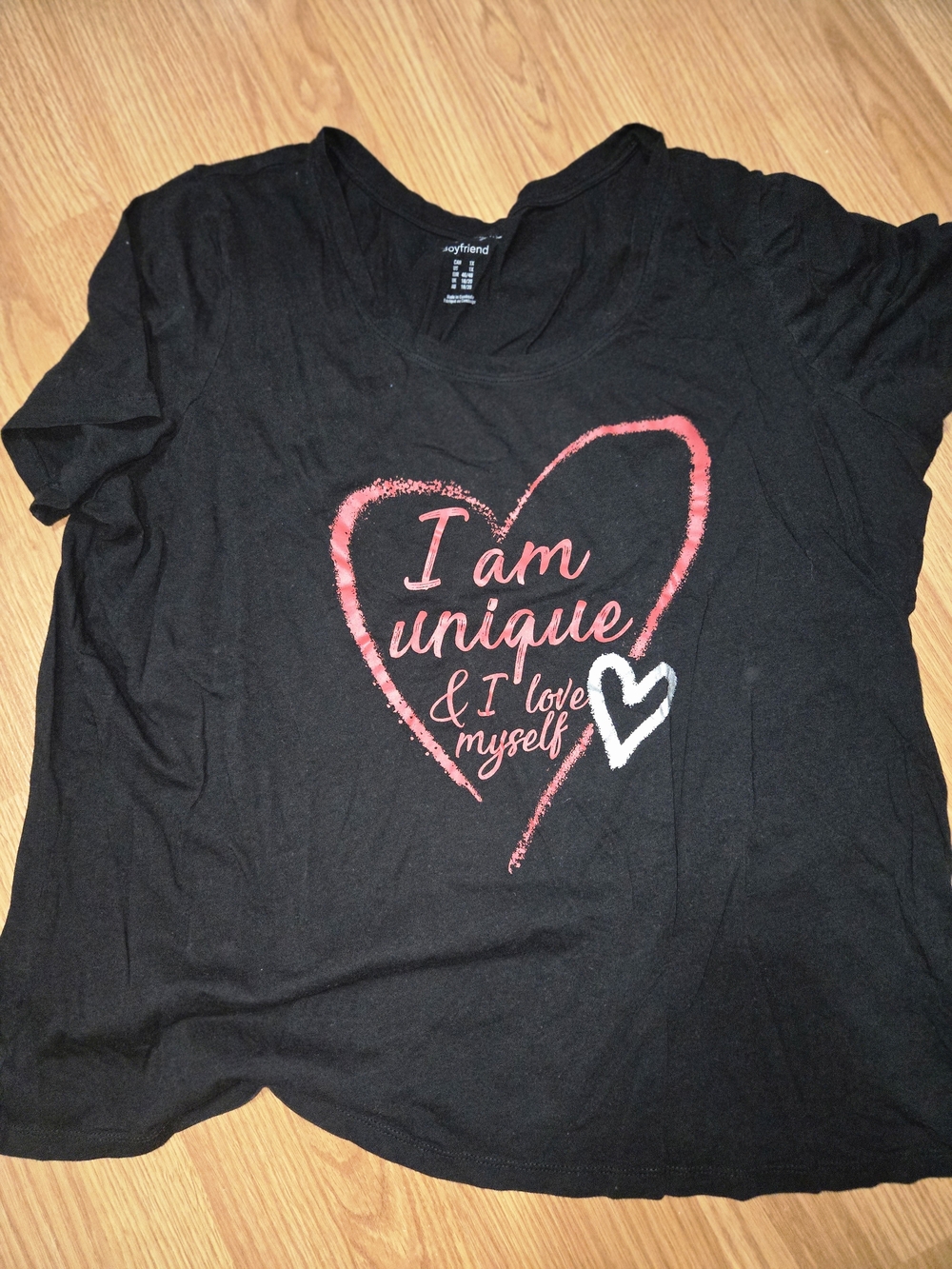 Black Short Sleeve Tee with Red Heart Graphic - "I Am Unique"